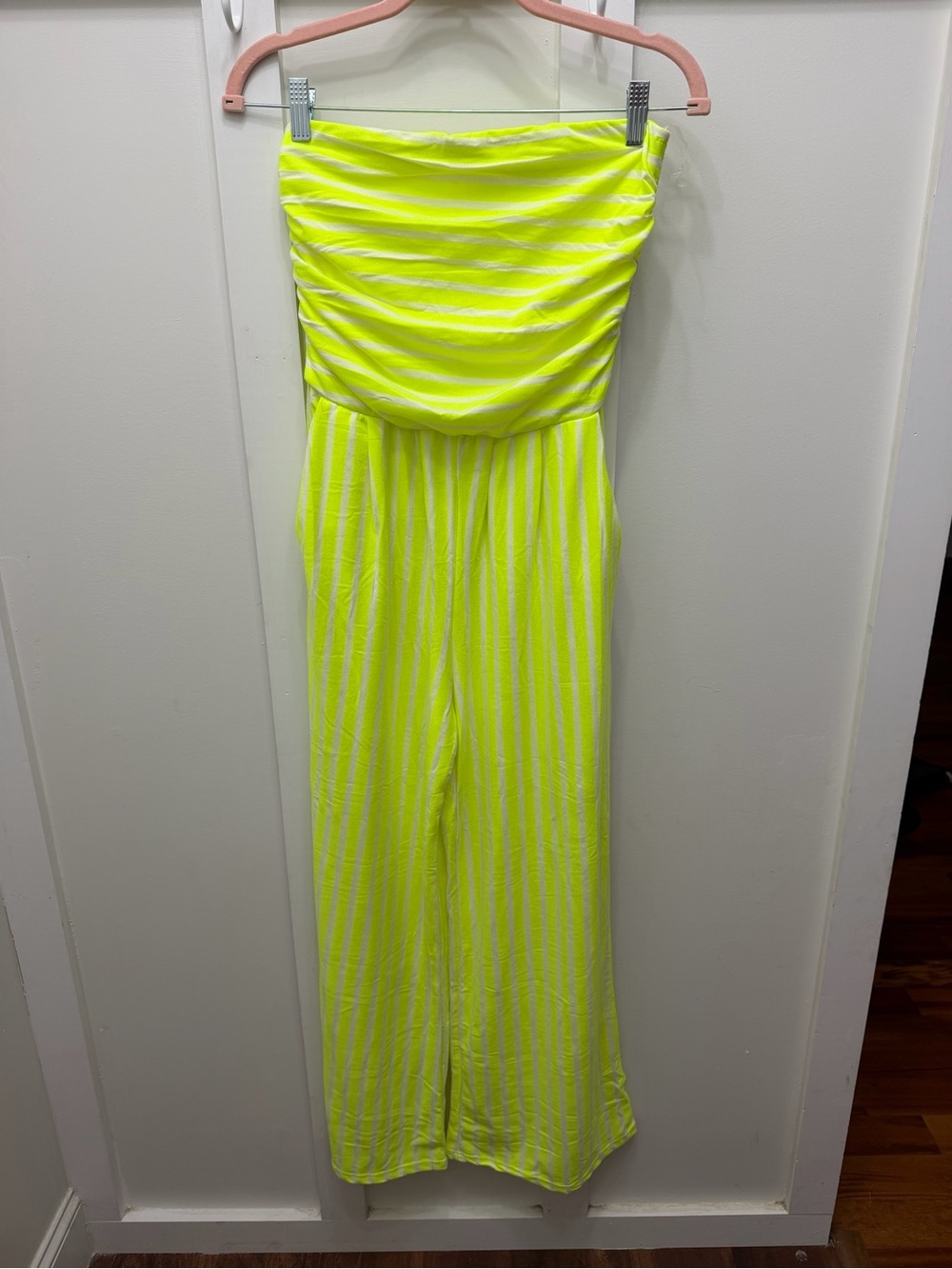 Neon Yellow Striped Strapless Jumpsuit Size M